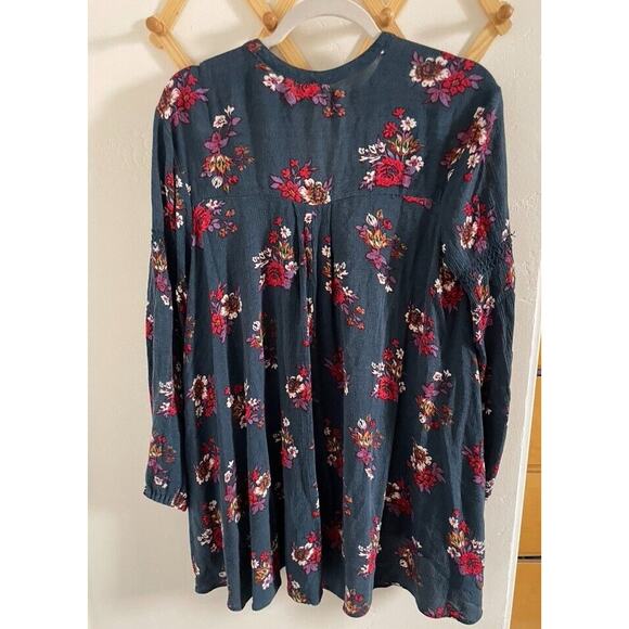 Free People Mini Swing Dress XS Blue Floral Long Balloon Sleeves Tunic Top - Picture 7 of 7
